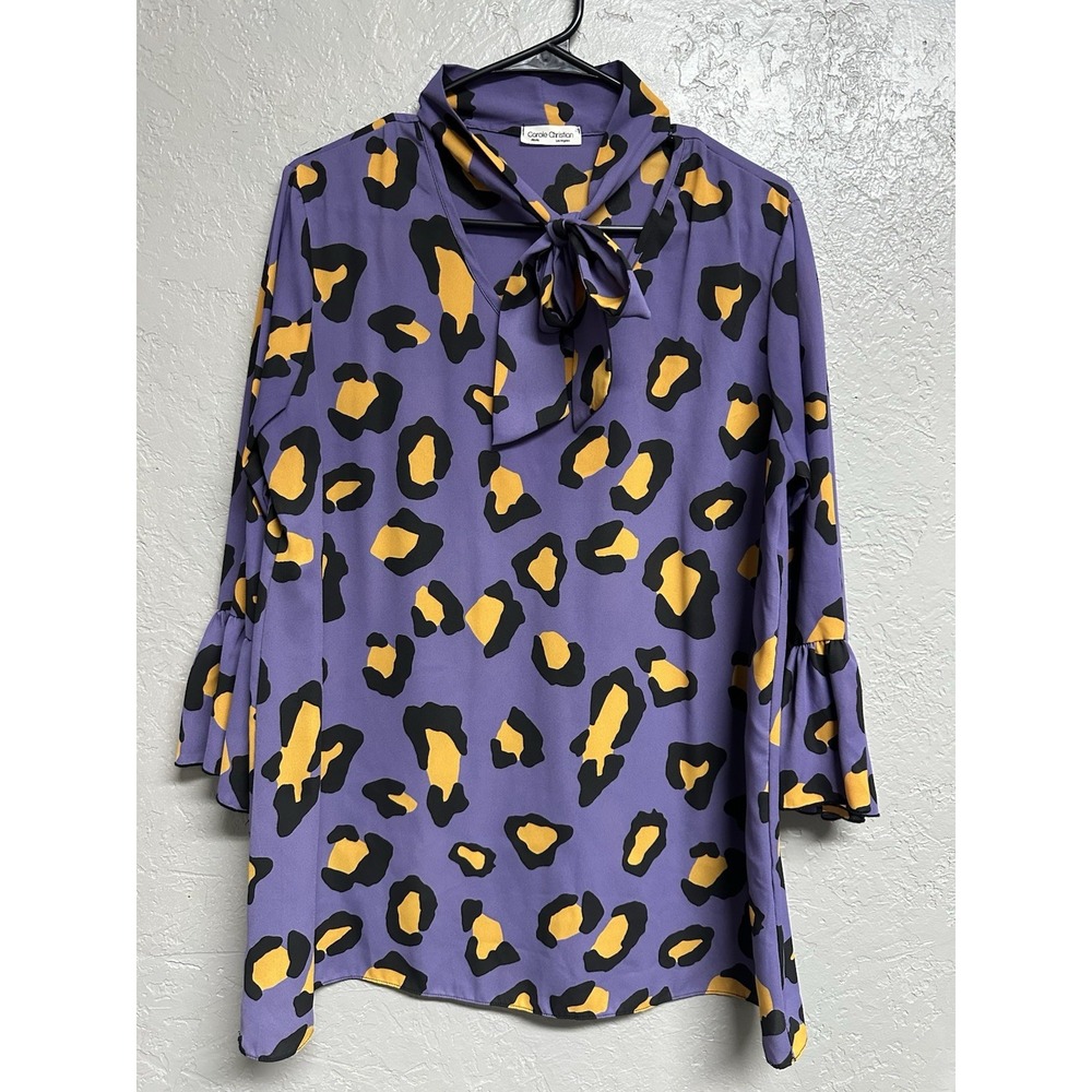 Carole Christian Vibrant Purple Blouse with Animal Print Size Large